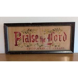 Vintage Framed Victorian Needlepoint Embroidery 21.5 x 9.5” - “Praise The Lord”